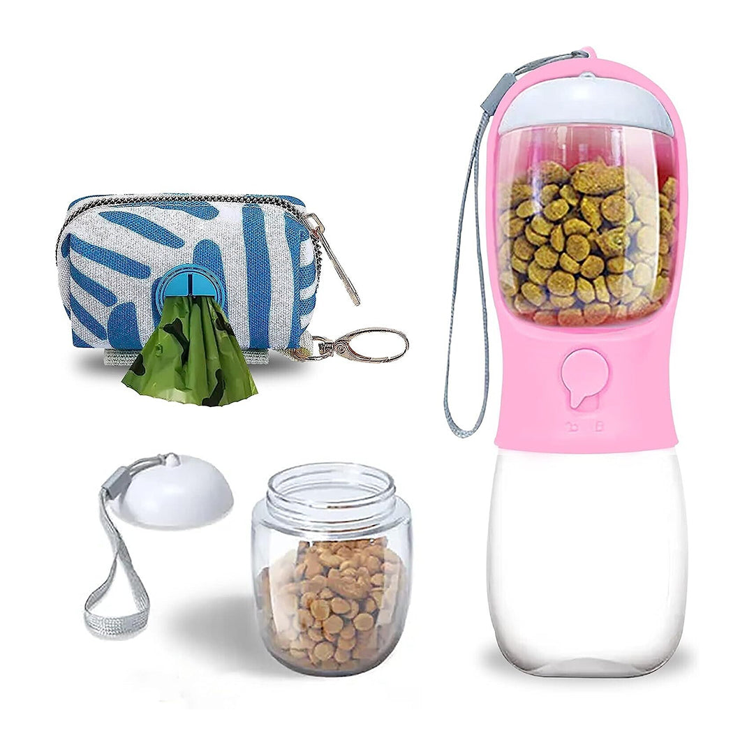 Leak Proof Dog Water Bottle With Portable Food & Poop Bag Dispenser