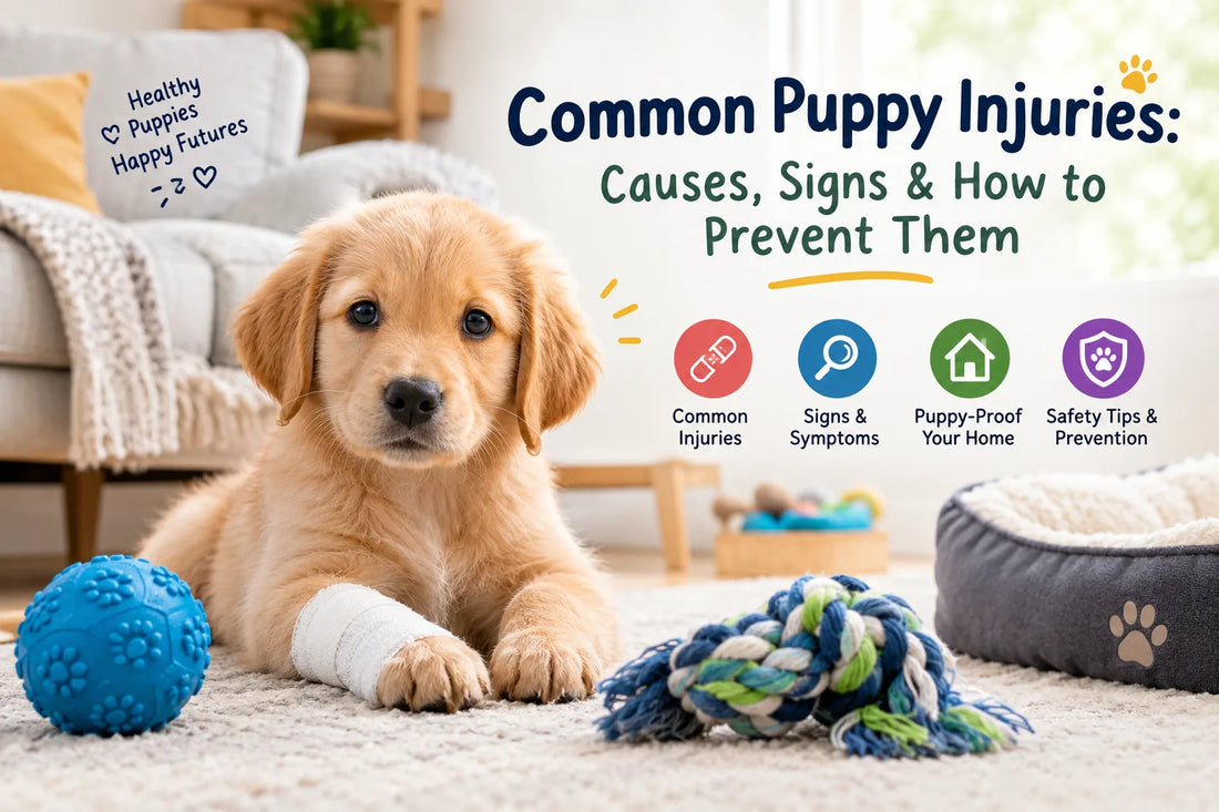 Golden puppy with an injured paw learning about common puppy injuries and safety tips