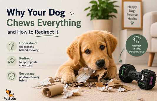 Dog chewing a durable rubber toy indoors while owner redirects destructive chewing behaviour with enrichment toys in a UK home
