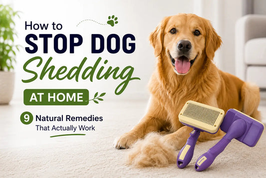 Golden Retriever with a PetBuds slicker brush showing how to stop dog shedding at home using natural remedies.