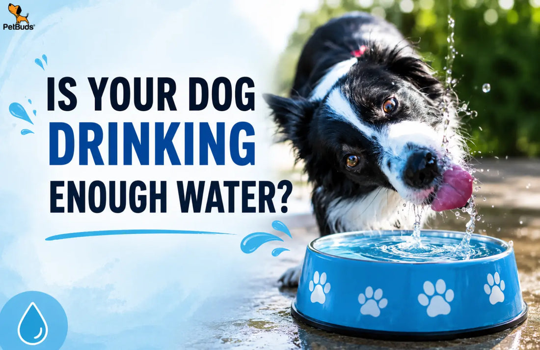 Dog drinking water from a bowl outdoors during summer to prevent dehydration and stay hydrated in hot weather