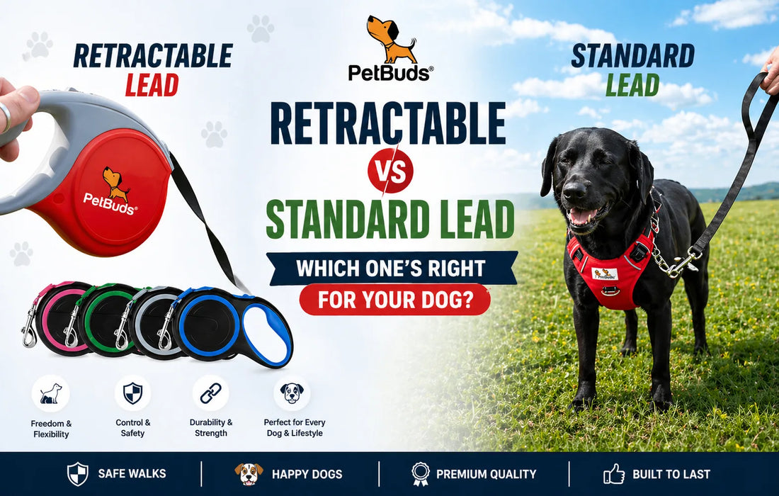 Retractable vs standard dog lead comparison showing a dog on a leash and PetBuds retractable lead for UK dog owners