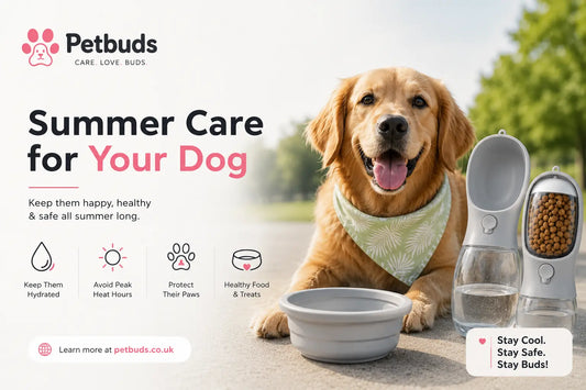 Golden Retriever with portable dog water and food bottle showing summer care tips for dogs by PetBuds UK.