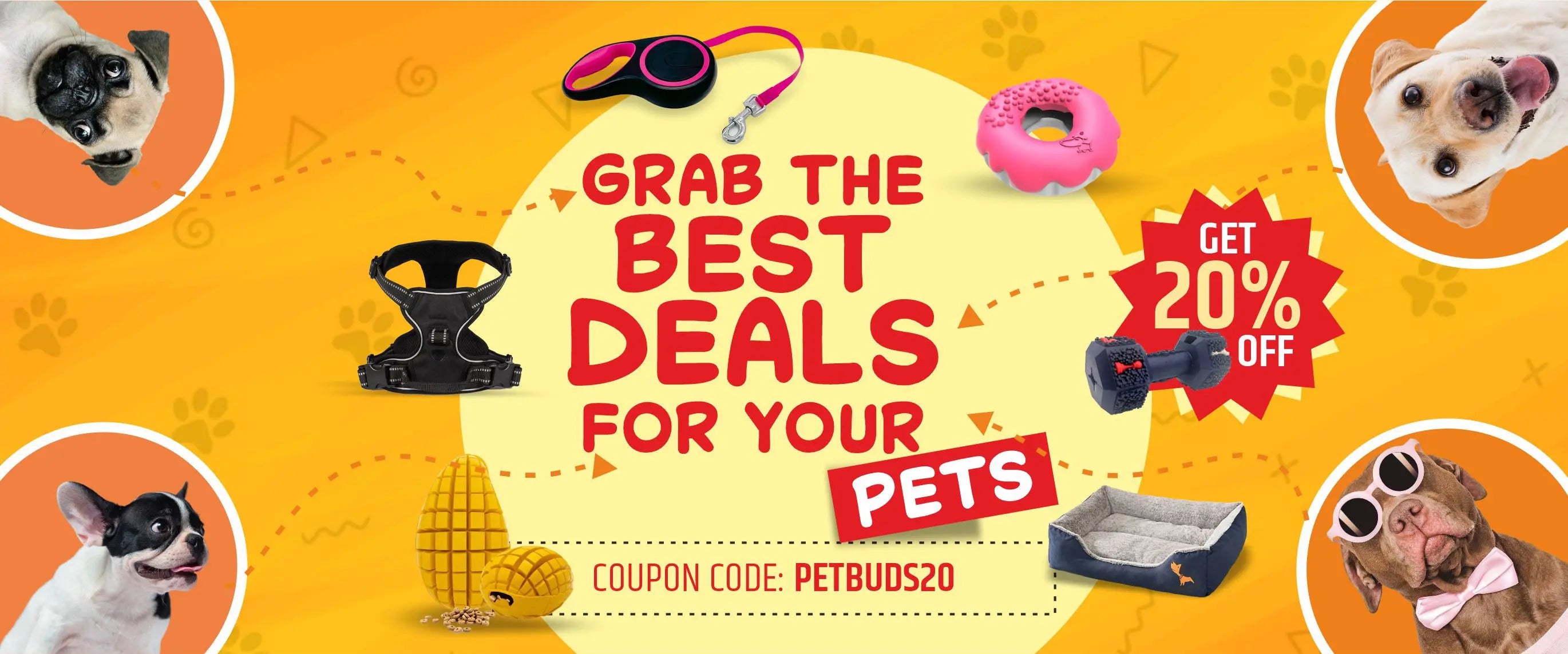 Best deals on dog accessories with 20% off at PetBuds UK including harness, toys and pet essentials-1